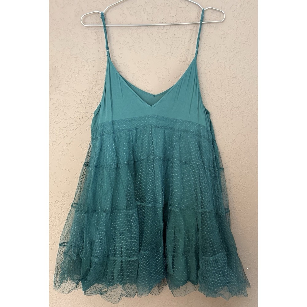 Intimately Free People Green Tulle Slip Mini Dress Adjustable V Neck Sz M Boho